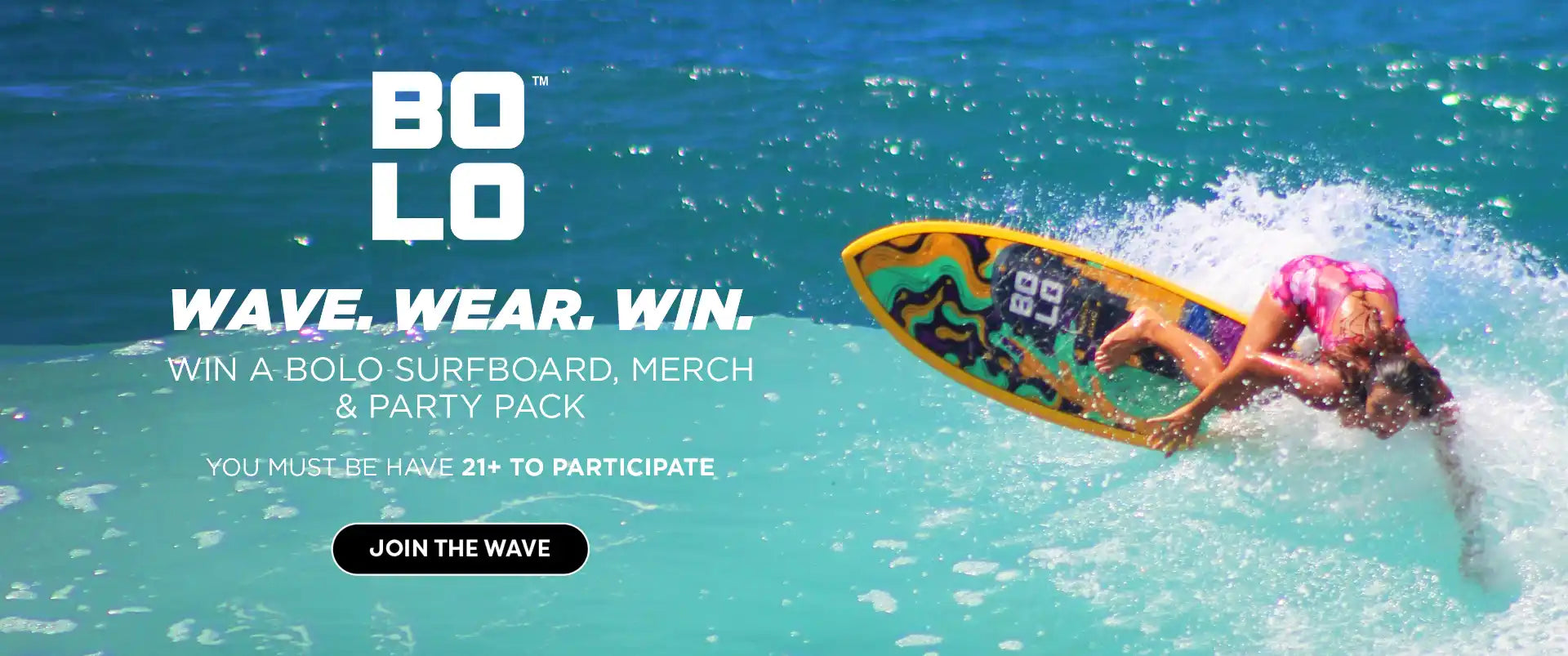 Contest banner promoting Free BOLO surfboard giveaway with Jazmine riding BOLO surfboard