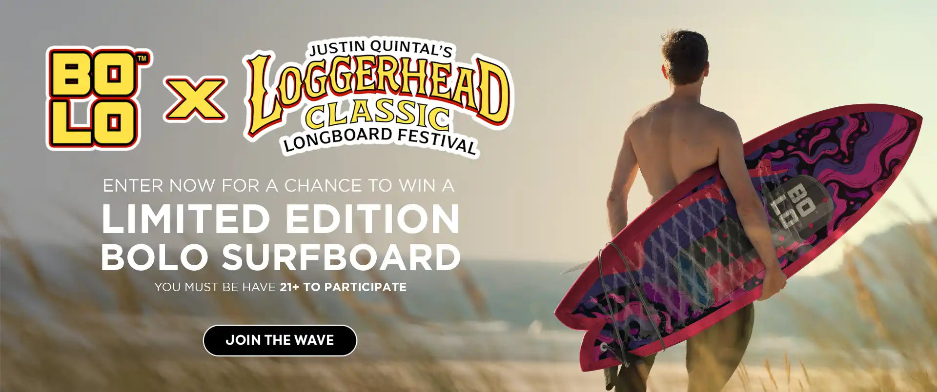 Contest banner promoting Free BOLO surfboard giveaway with person holding BOLO surfboard